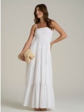 (TALL)White Tiered Maxi Dress with Spaghetti Straps